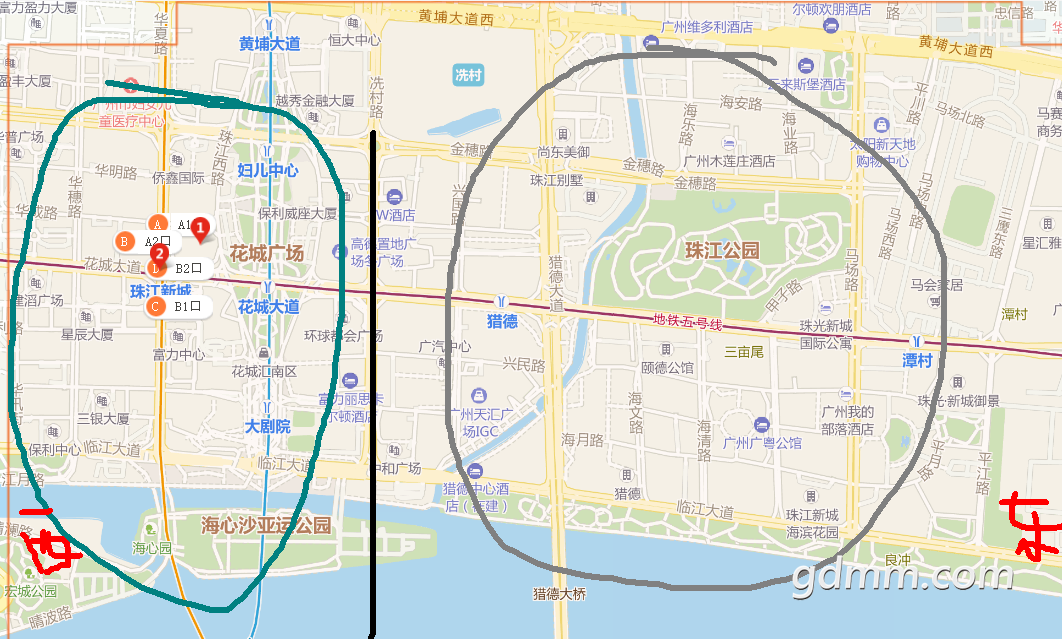 有花城广场,广州塔,另一个在东边,有广州最大的市民公园珠江公园